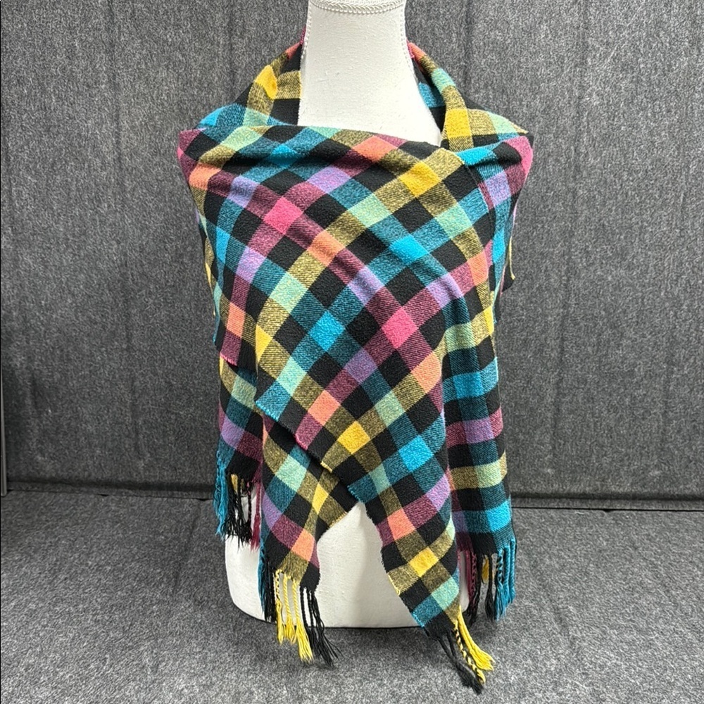 Cashmere Feel Colorful Plaid Fringe Scarf